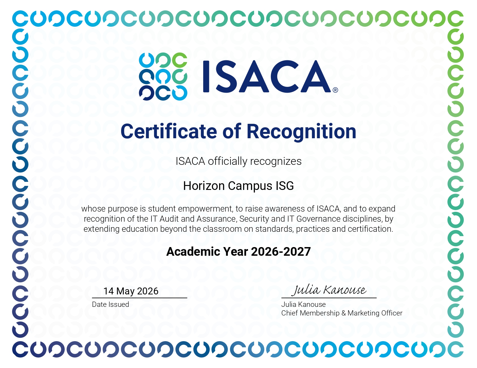 ISACA Certificate of Recognition for Horizon Campus ISG, Academic Year 2026-2027